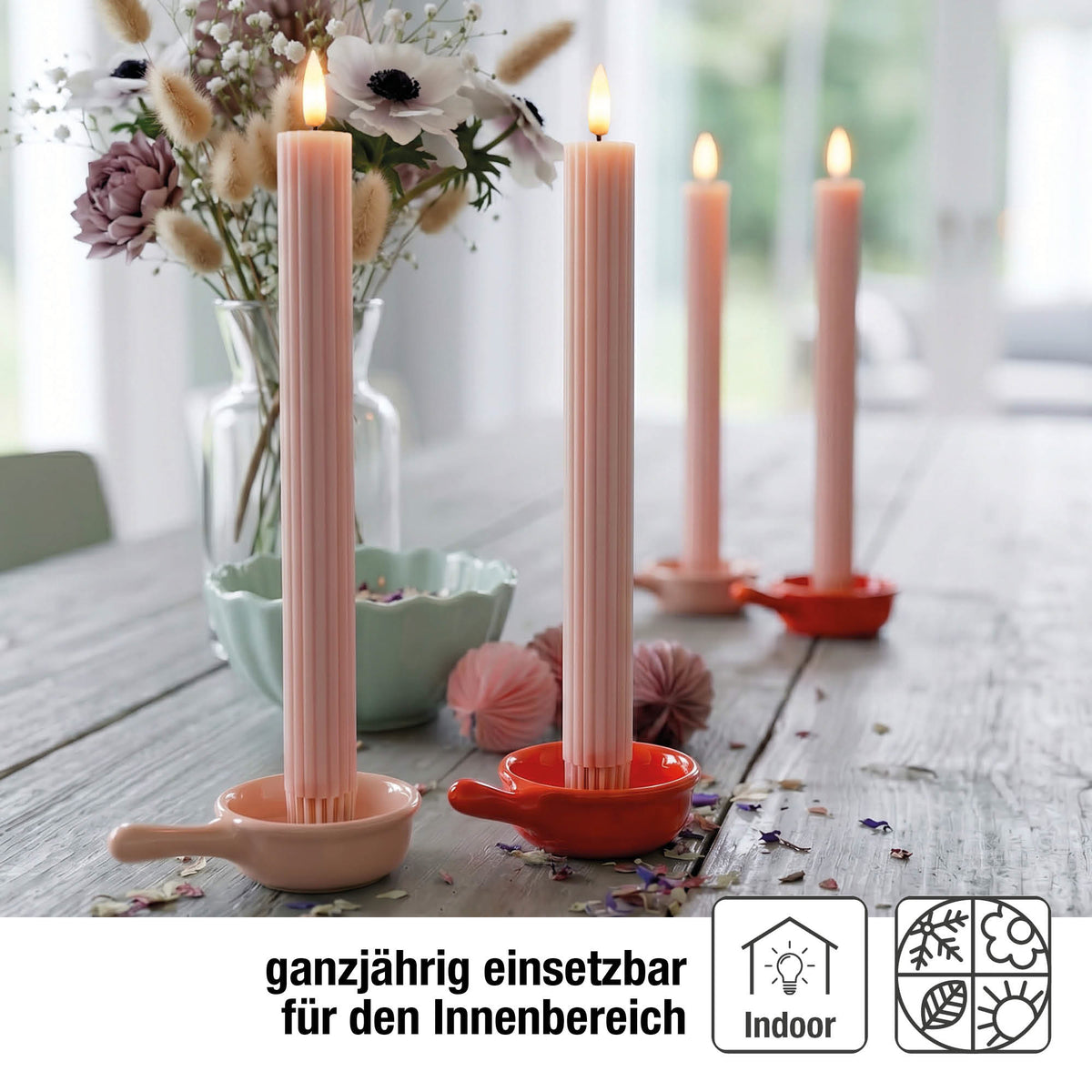 LED Stabkerzen Echtwachs 4er Set rosa, 4 LED warmweiß, Ø 2,2 cm x 24,5 cm, Fernbedienung mit Timer, batteriebetrieben