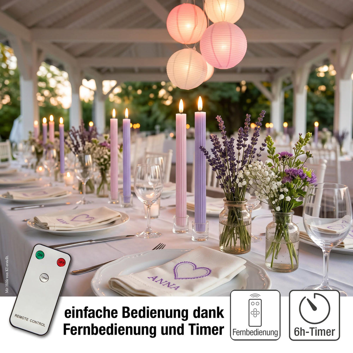 LED Stabkerzen Echtwachs 4er Set rosa, 4 LED warmweiß, Ø 2,2 cm x 24,5 cm, Fernbedienung mit Timer, batteriebetrieben