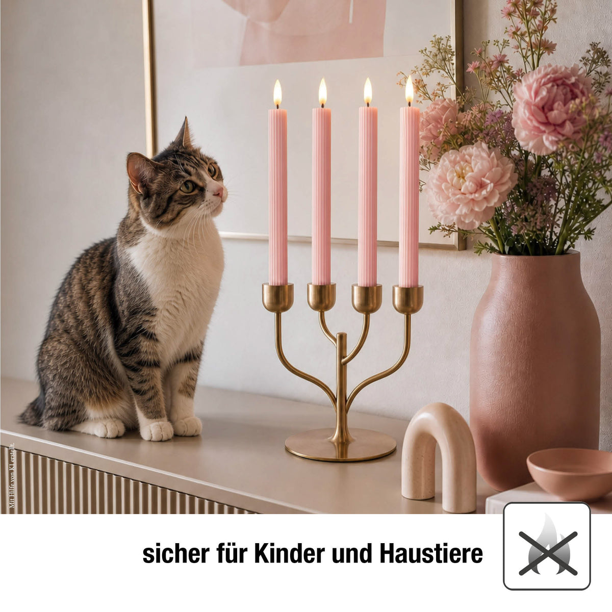 LED Stabkerzen Echtwachs 4er Set rosa, 4 LED warmweiß, Ø 2,2 cm x 24,5 cm, Fernbedienung mit Timer, batteriebetrieben
