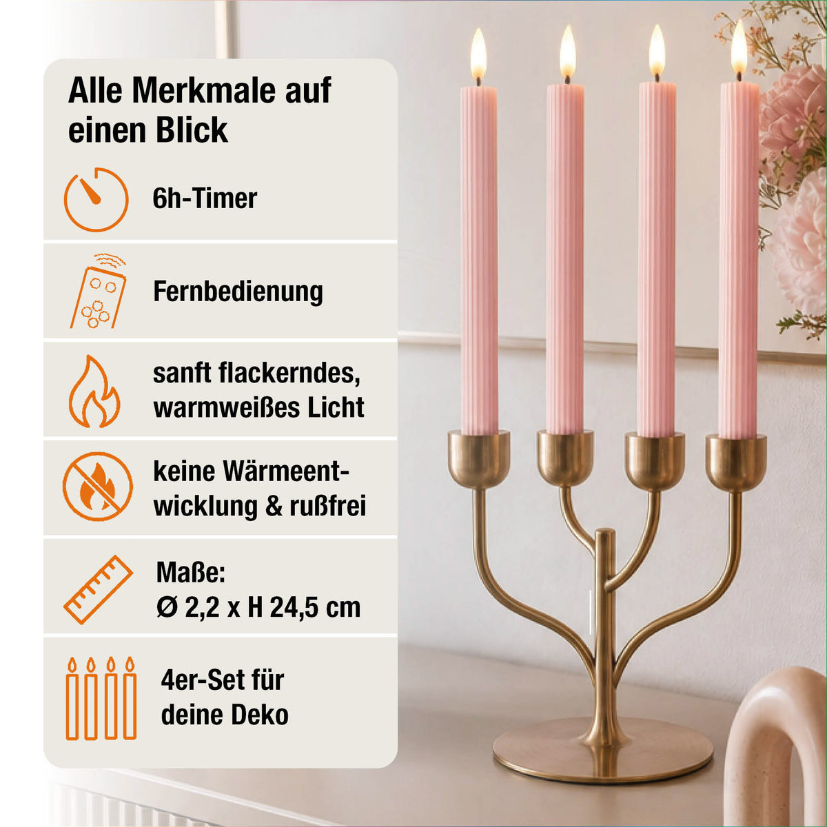 LED Stabkerzen Echtwachs 4er Set rosa, 4 LED warmweiß, Ø 2,2 cm x 24,5 cm, Fernbedienung mit Timer, batteriebetrieben