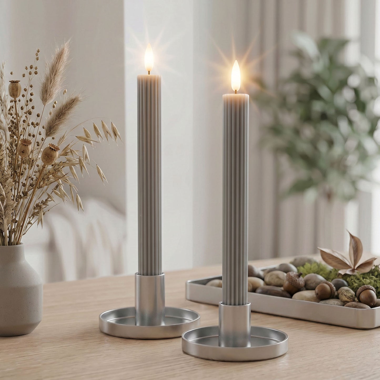 LED Stabkerzen Echtwachs 2er Set grau / taupe, 2 LED warmweiß, ⌀ 2,2 cm x 24,5 cm, Fernbedienung mit Timer, batteriebetrieben