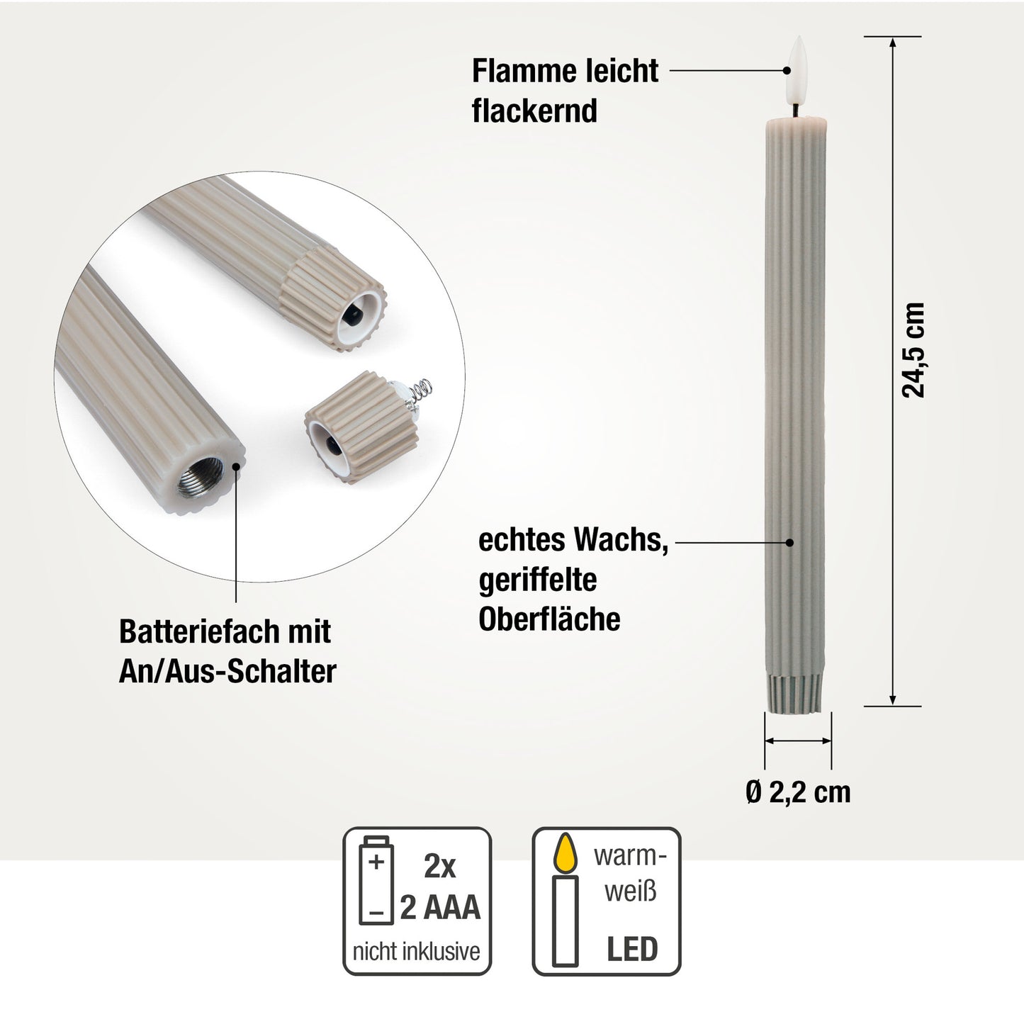LED Stabkerzen Echtwachs 2er Set grau / taupe, 2 LED warmweiß, ⌀ 2,2 cm x 24,5 cm, Fernbedienung mit Timer, batteriebetrieben