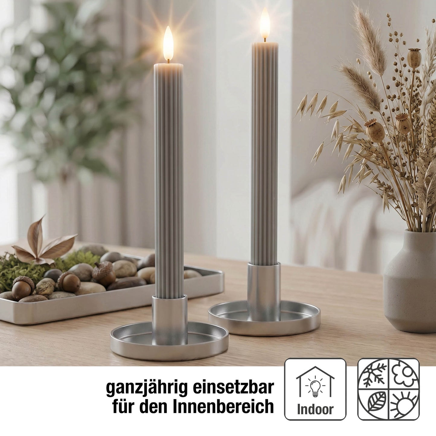 LED Stabkerzen Echtwachs 2er Set grau / taupe, 2 LED warmweiß, ⌀ 2,2 cm x 24,5 cm, Fernbedienung mit Timer, batteriebetrieben