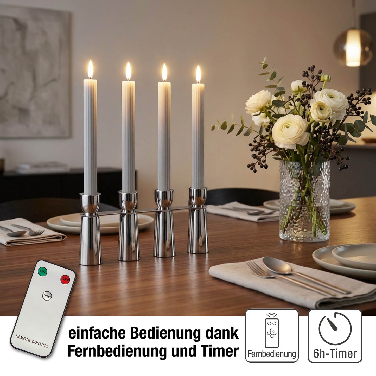 LED Stabkerzen Echtwachs 2er Set grau / taupe, 2 LED warmweiß, ⌀ 2,2 cm x 24,5 cm, Fernbedienung mit Timer, batteriebetrieben