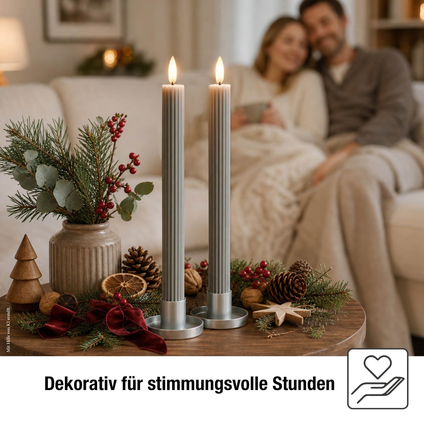 LED Stabkerzen Echtwachs 2er Set grau / taupe, 2 LED warmweiß, ⌀ 2,2 cm x 24,5 cm, Fernbedienung mit Timer, batteriebetrieben