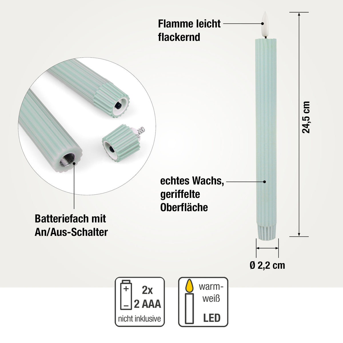 LED Stabkerzen Echtwachs 2er Set grün, 2 LED warmweiß, Ø 2,2 cm x 24,5 cm, Fernbedienung mit Timer, batteriebetrieben