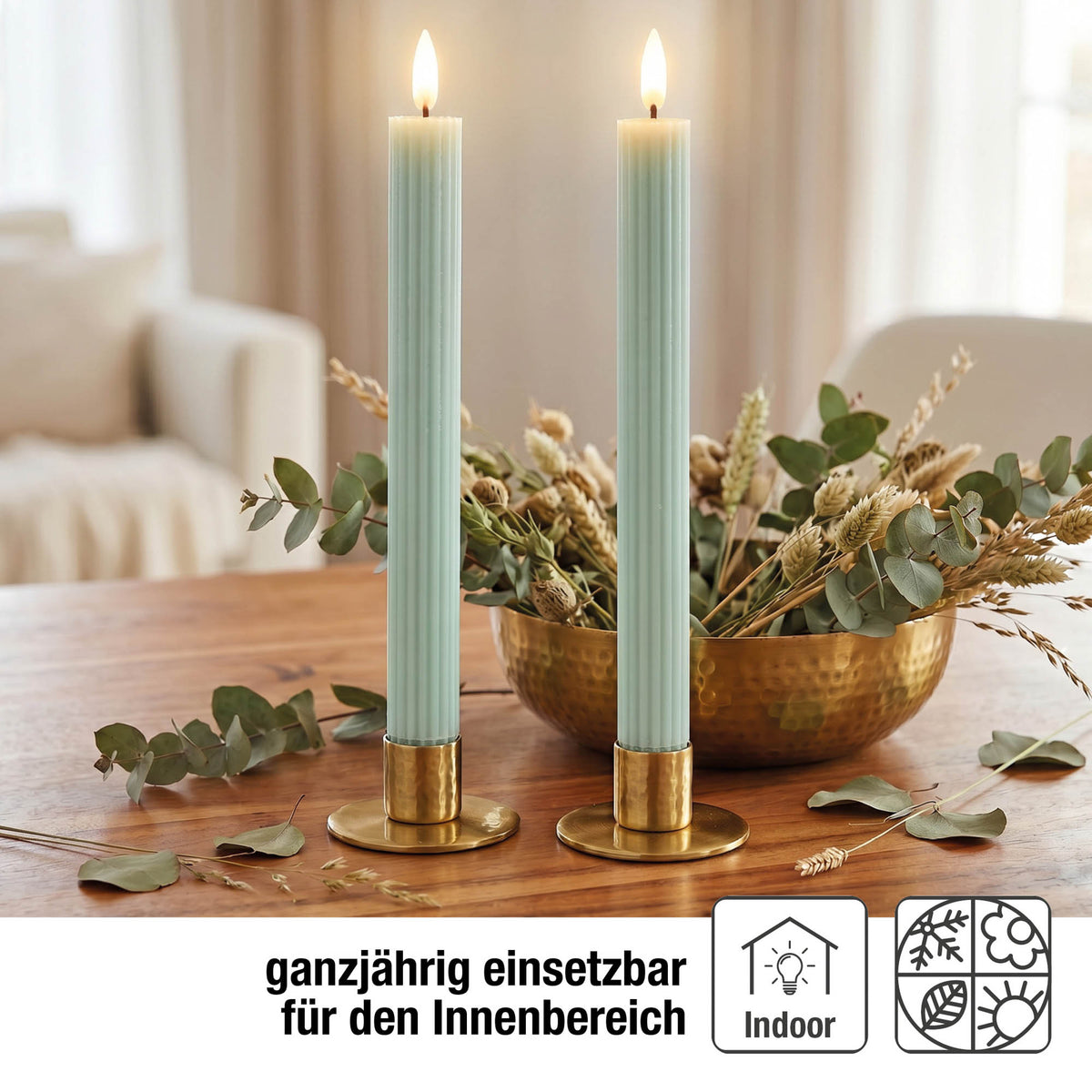 LED Stabkerzen Echtwachs 2er Set grün, 2 LED warmweiß, Ø 2,2 cm x 24,5 cm, Fernbedienung mit Timer, batteriebetrieben