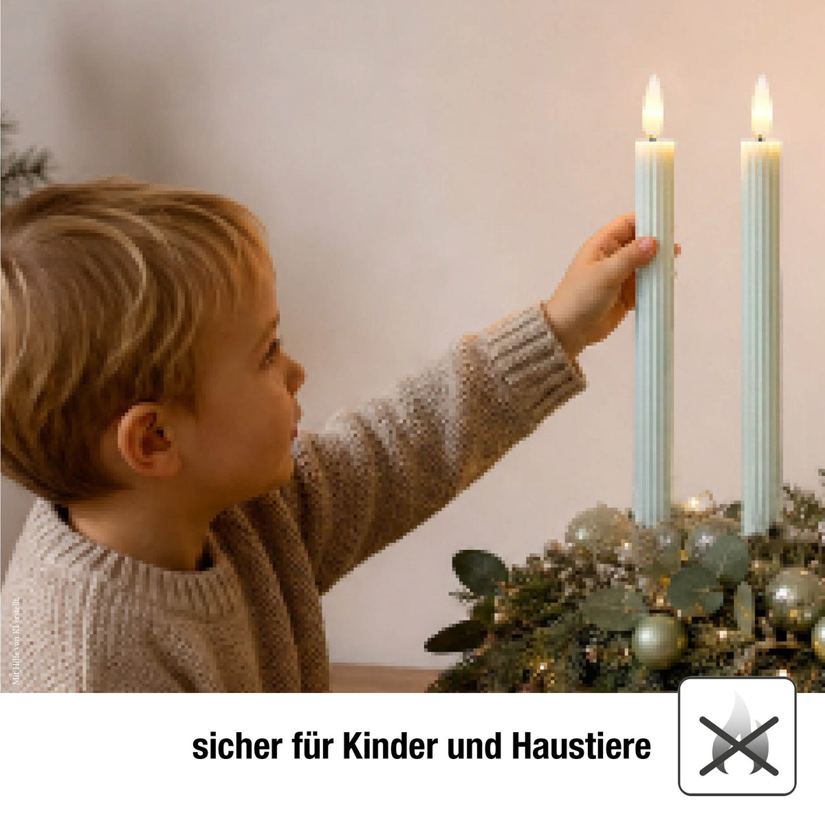 LED Stabkerzen Echtwachs 2er Set grün, 2 LED warmweiß, Ø 2,2 cm x 24,5 cm, Fernbedienung mit Timer, batteriebetrieben