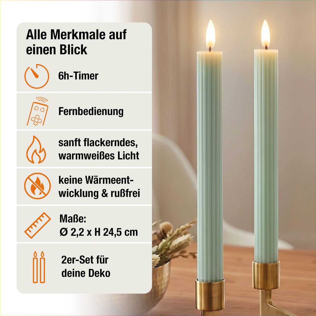 LED Stabkerzen Echtwachs 2er Set grün, 2 LED warmweiß, Ø 2,2 cm x 24,5 cm, Fernbedienung mit Timer, batteriebetrieben
