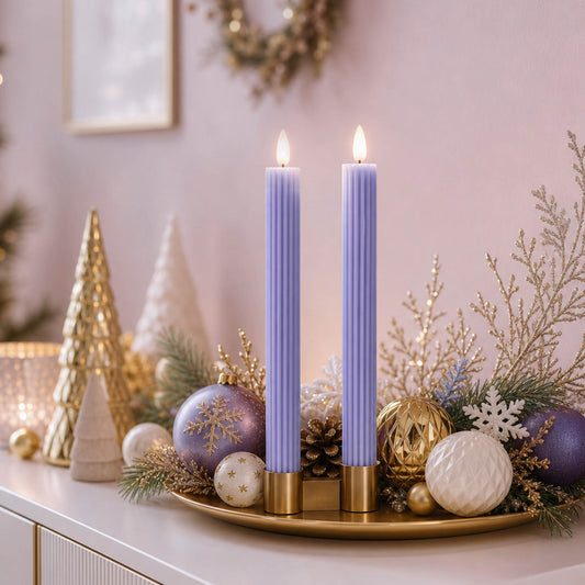 LED Stabkerzen Echtwachs 2er Set lila, 2 LED warmweiß, ⌀ 2,2 cm x 24,5 cm, Fernbedienung mit Timer, batteriebetrieben