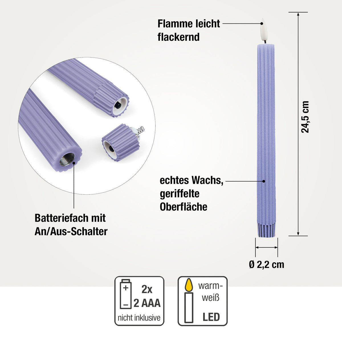 LED Stabkerzen Echtwachs 2er Set lila, 2 LED warmweiß, Ø 2,2 cm x 24,5 cm, Fernbedienung mit Timer, batteriebetrieben