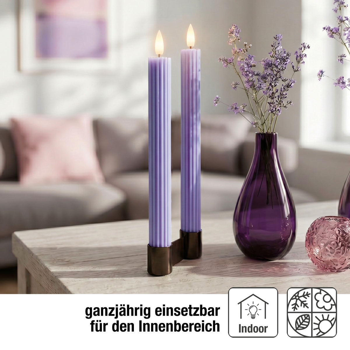 LED Stabkerzen Echtwachs 2er Set lila, 2 LED warmweiß, Ø 2,2 cm x 24,5 cm, Fernbedienung mit Timer, batteriebetrieben