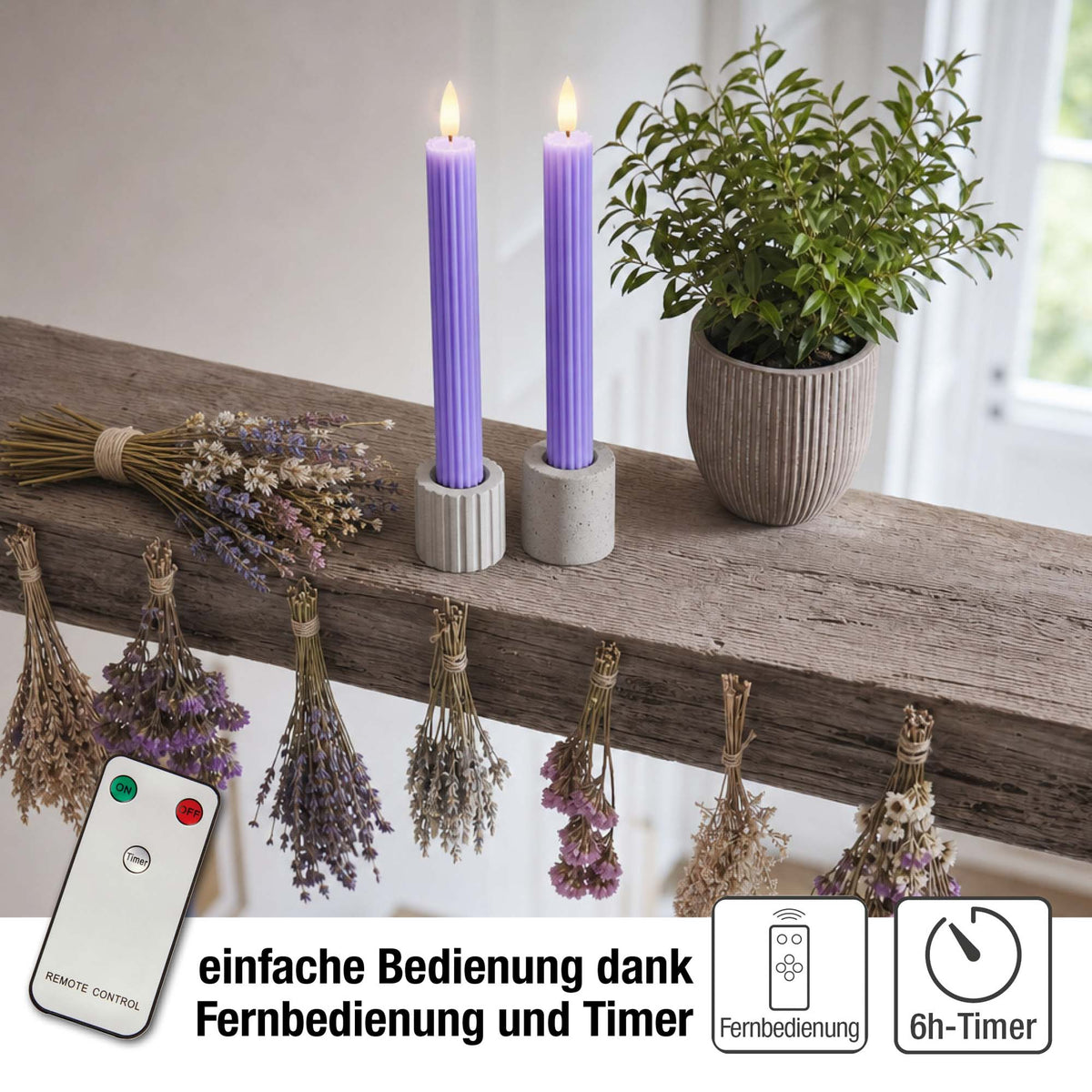 LED Stabkerzen Echtwachs 2er Set lila, 2 LED warmweiß, Ø 2,2 cm x 24,5 cm, Fernbedienung mit Timer, batteriebetrieben