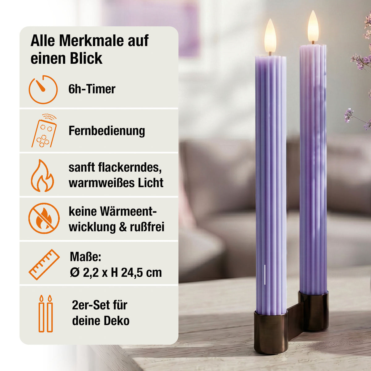 LED Stabkerzen Echtwachs 2er Set lila, 2 LED warmweiß, Ø 2,2 cm x 24,5 cm, Fernbedienung mit Timer, batteriebetrieben