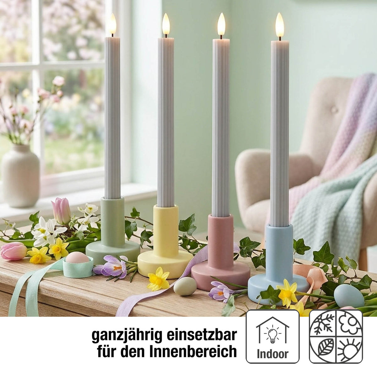 LED Stabkerzen Echtwachs 4er Set grau, 4 LED warmweiß, Ø 2,2 cm x 24,5 cm, Fernbedienung mit Timer, batteriebetrieben