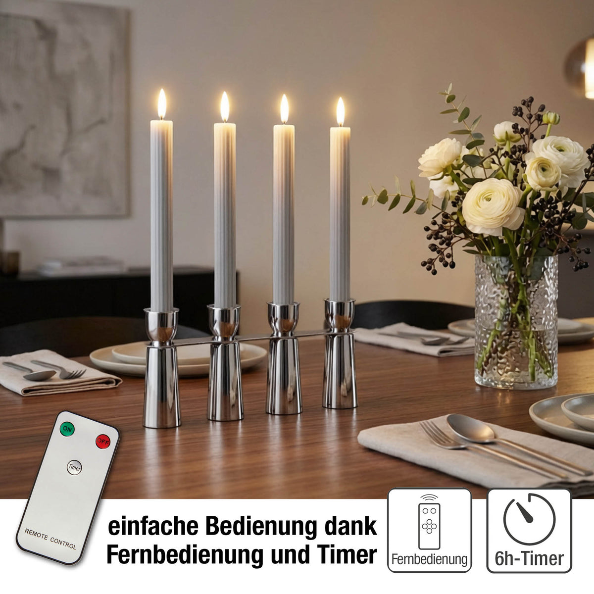 LED Stabkerzen Echtwachs 4er Set grau, 4 LED warmweiß, Ø 2,2 cm x 24,5 cm, Fernbedienung mit Timer, batteriebetrieben