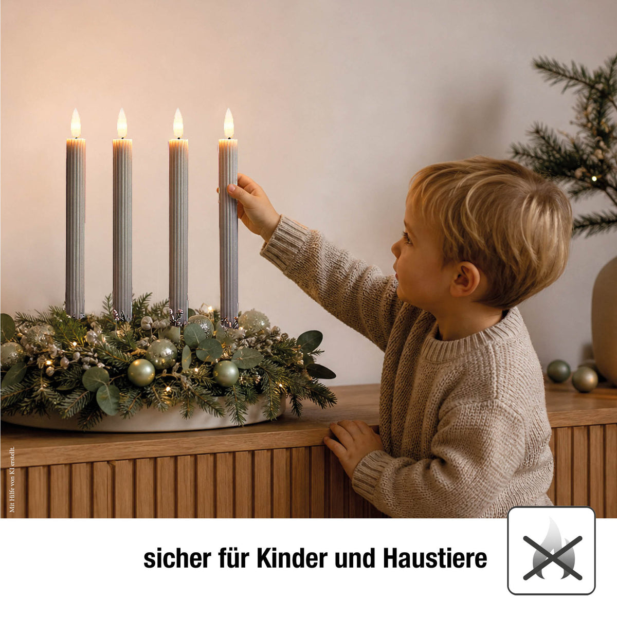 LED Stabkerzen Echtwachs 4er Set grau, 4 LED warmweiß, Ø 2,2 cm x 24,5 cm, Fernbedienung mit Timer, batteriebetrieben