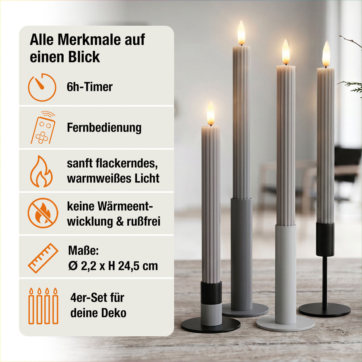 LED Stabkerzen Echtwachs 4er Set grau, 4 LED warmweiß, Ø 2,2 cm x 24,5 cm, Fernbedienung mit Timer, batteriebetrieben