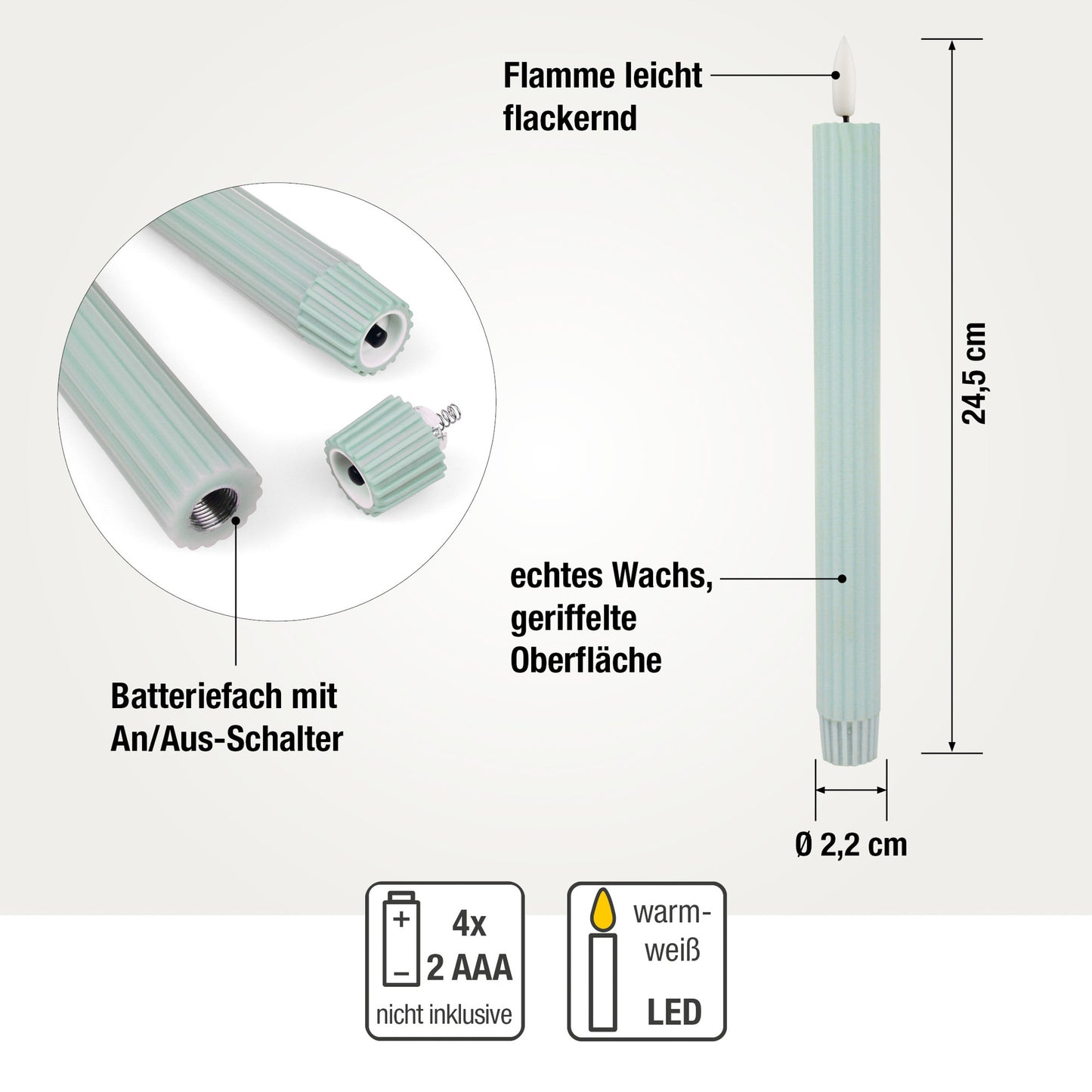 LED Stabkerzen Echtwachs 4er Set grün, 4 LED warmweiß, ⌀ 2,2 cm x 24,5 cm, Fernbedienung mit Timer, batteriebetrieben