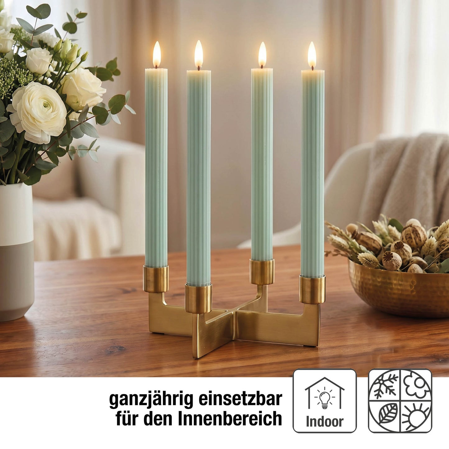 LED Stabkerzen Echtwachs 4er Set grün, 4 LED warmweiß, ⌀ 2,2 cm x 24,5 cm, Fernbedienung mit Timer, batteriebetrieben
