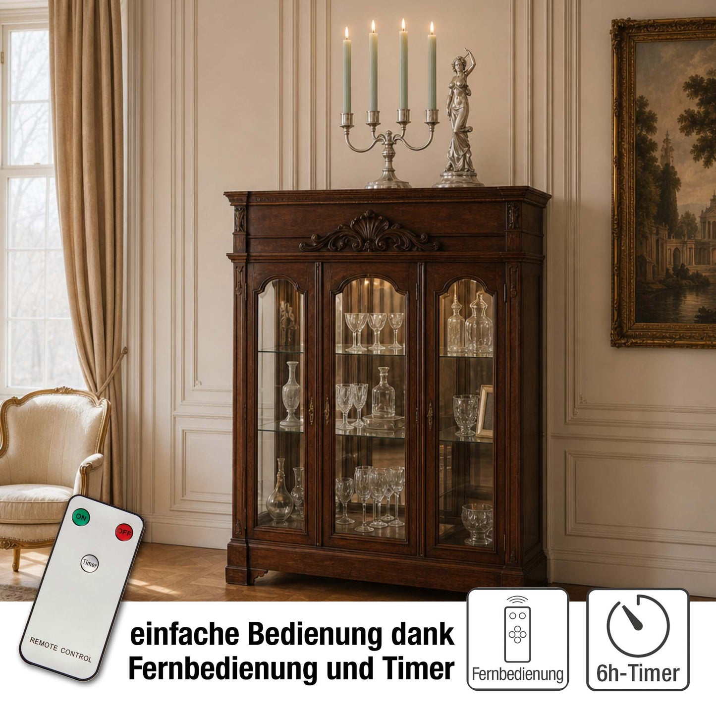 LED Stabkerzen Echtwachs 4er Set grün, 4 LED warmweiß, ⌀ 2,2 cm x 24,5 cm, Fernbedienung mit Timer, batteriebetrieben