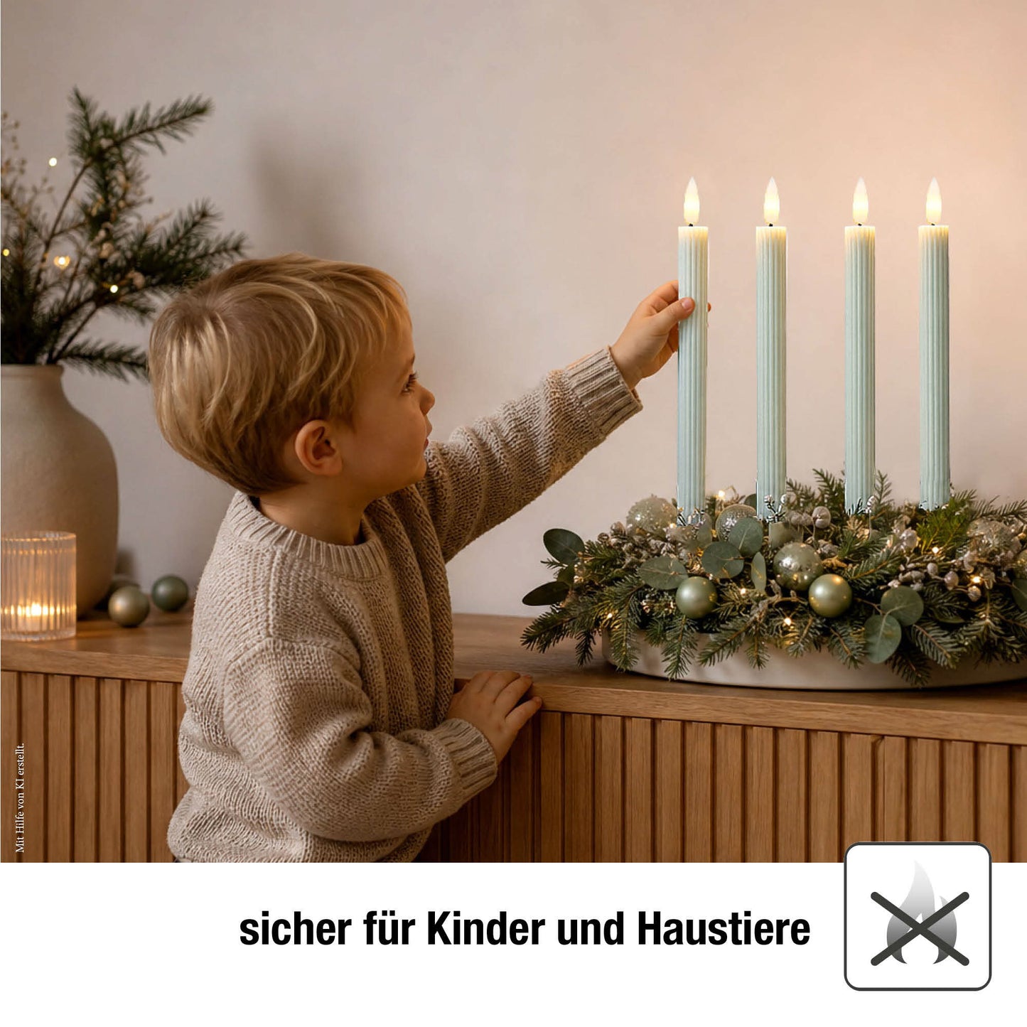 LED Stabkerzen Echtwachs 4er Set grün, 4 LED warmweiß, ⌀ 2,2 cm x 24,5 cm, Fernbedienung mit Timer, batteriebetrieben