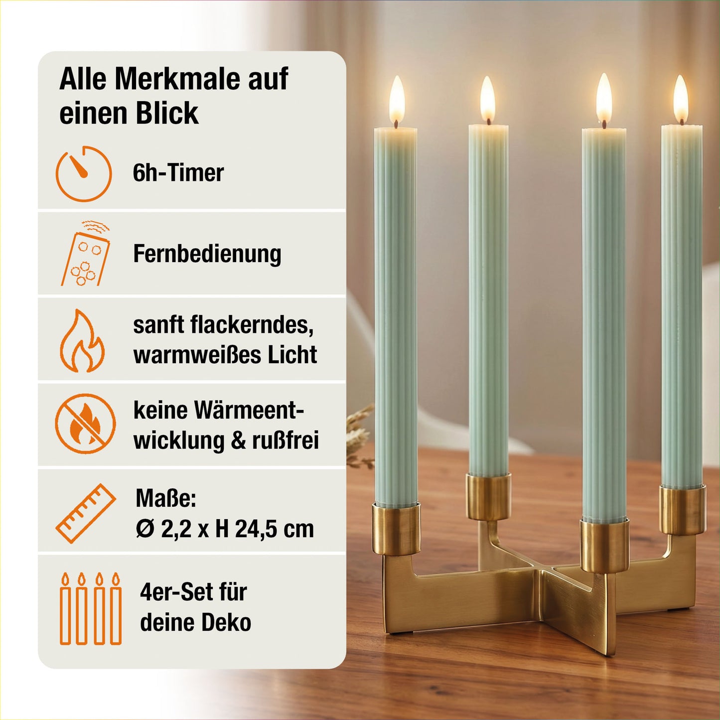 LED Stabkerzen Echtwachs 4er Set grün, 4 LED warmweiß, ⌀ 2,2 cm x 24,5 cm, Fernbedienung mit Timer, batteriebetrieben