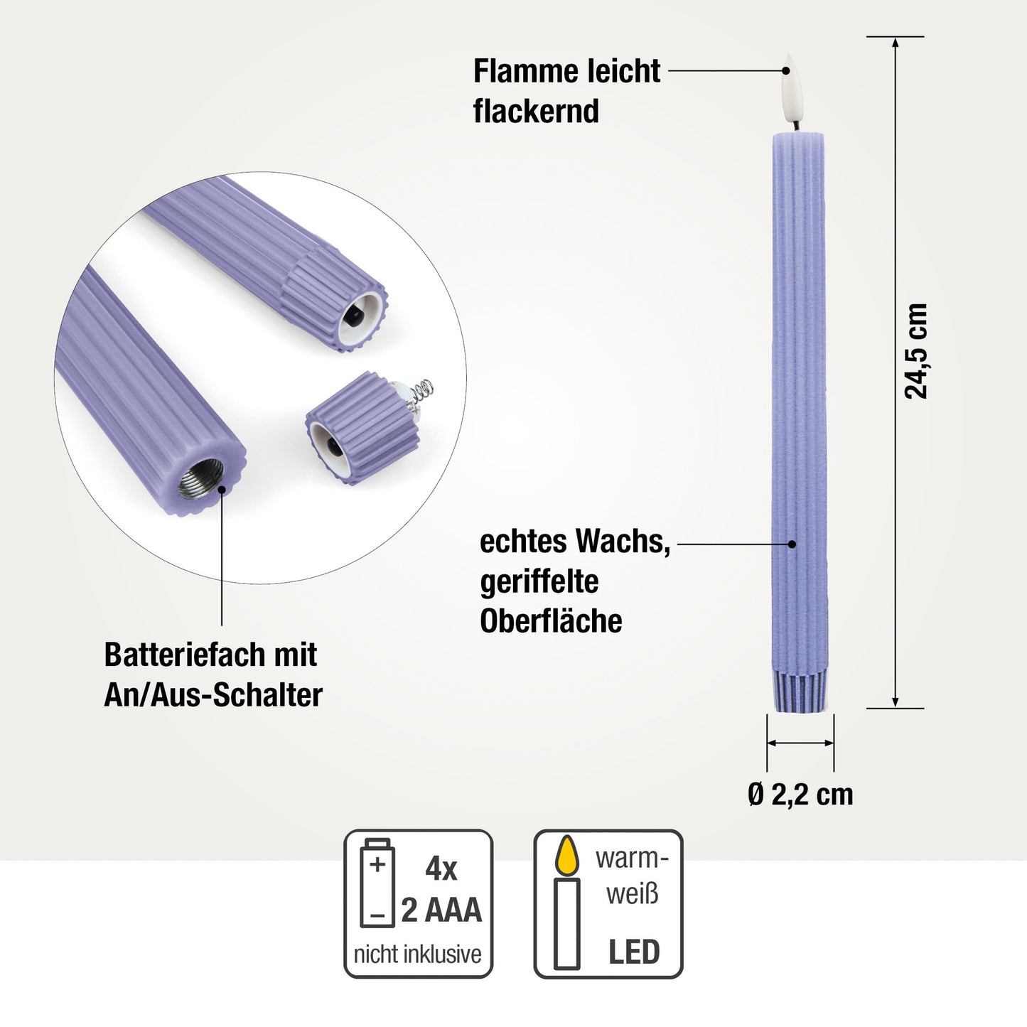LED Stabkerzen Echtwachs 4er Set lila, 4 LED warmweiß, ⌀ 2,2 cm x 24,5 cm, Fernbedienung mit Timer, batteriebetrieben