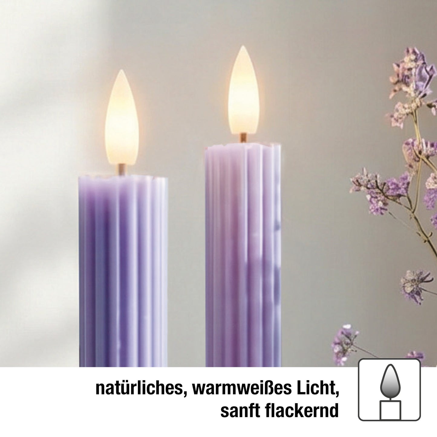 LED Stabkerzen Echtwachs 4er Set lila, 4 LED warmweiß, ⌀ 2,2 cm x 24,5 cm, Fernbedienung mit Timer, batteriebetrieben