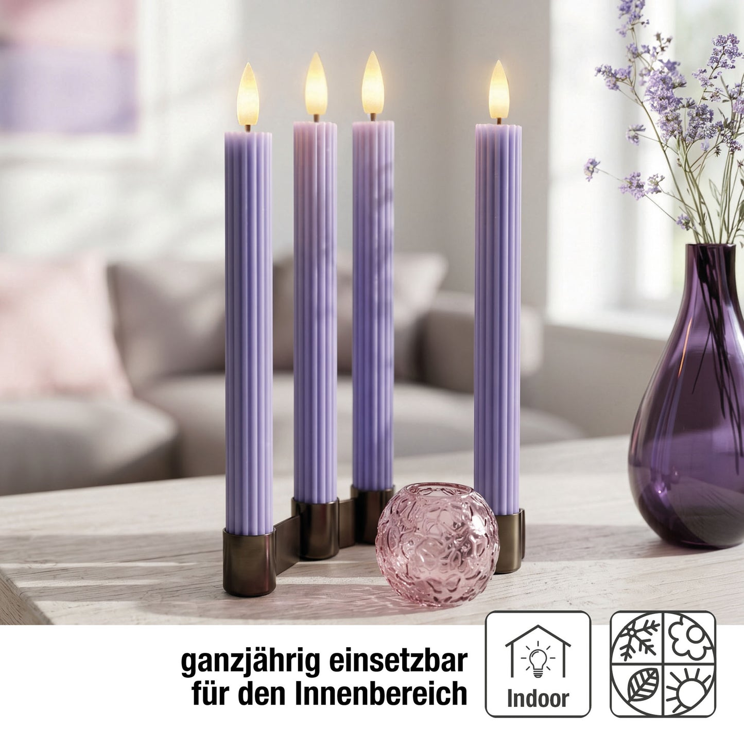 LED Stabkerzen Echtwachs 4er Set lila, 4 LED warmweiß, ⌀ 2,2 cm x 24,5 cm, Fernbedienung mit Timer, batteriebetrieben