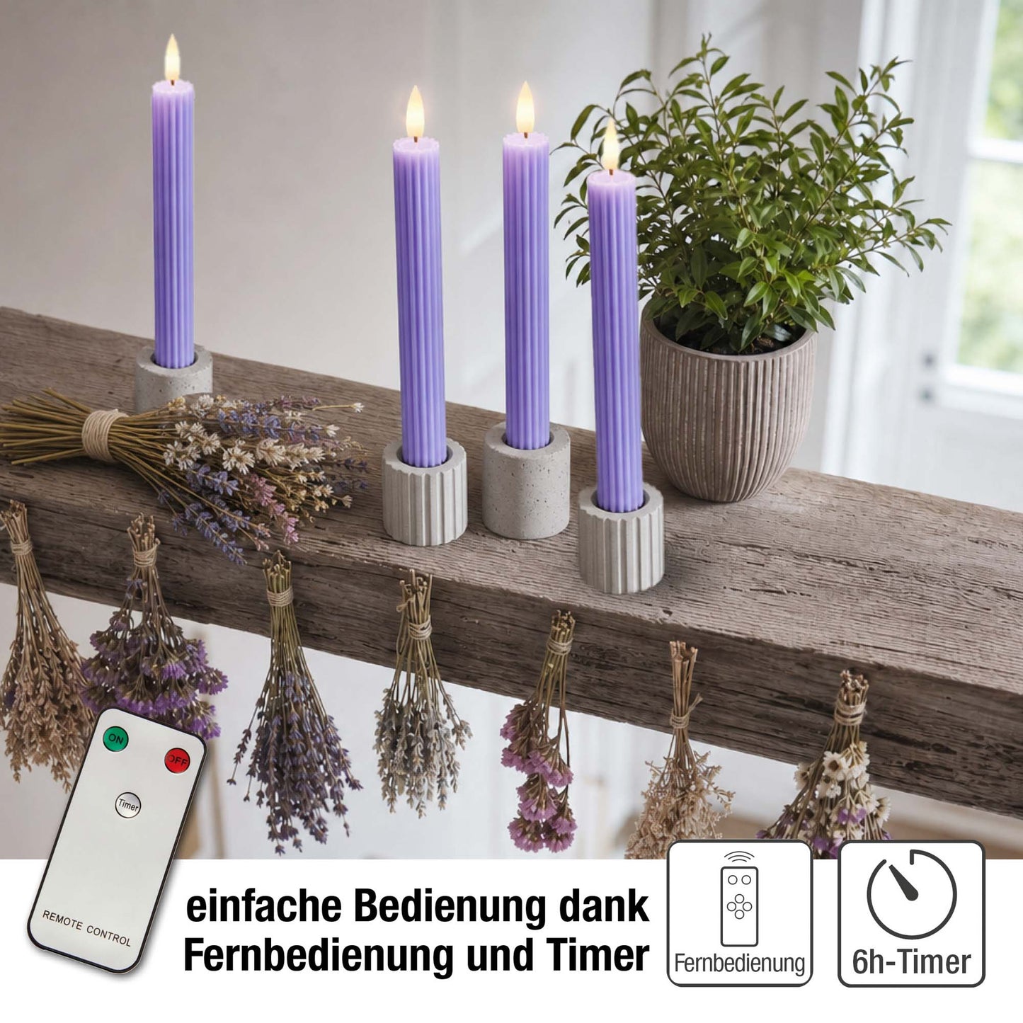LED Stabkerzen Echtwachs 4er Set lila, 4 LED warmweiß, ⌀ 2,2 cm x 24,5 cm, Fernbedienung mit Timer, batteriebetrieben