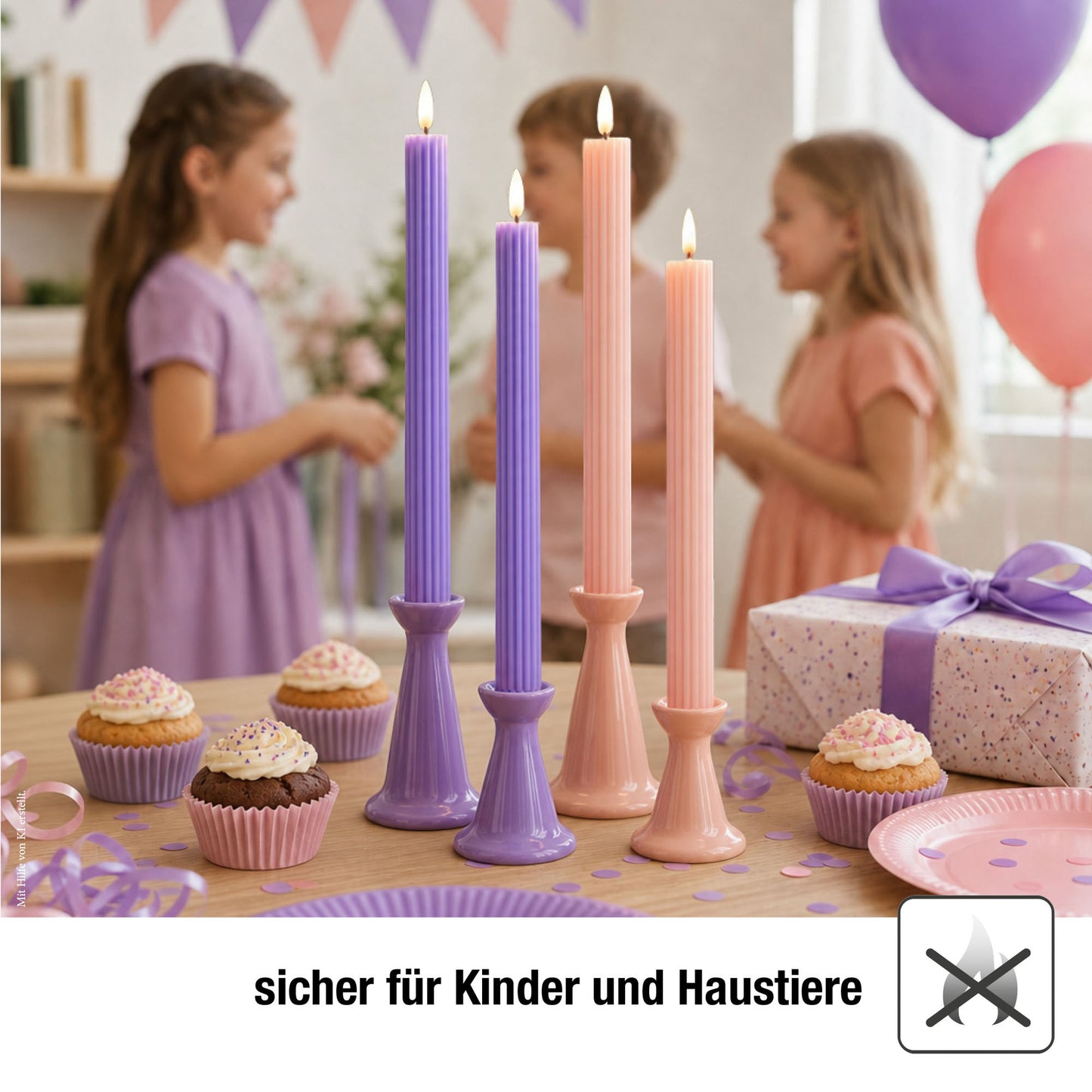 LED Stabkerzen Echtwachs 4er Set lila, 4 LED warmweiß, ⌀ 2,2 cm x 24,5 cm, Fernbedienung mit Timer, batteriebetrieben