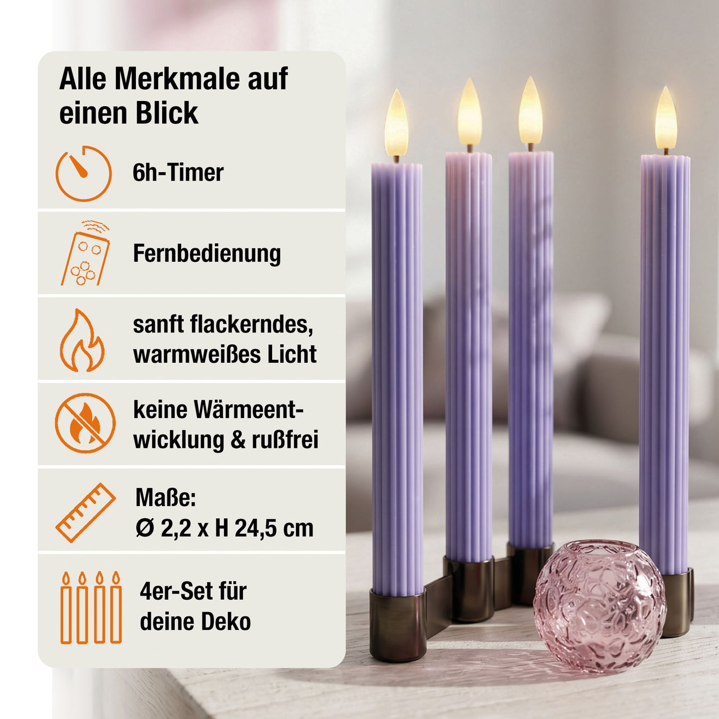 LED Stabkerzen Echtwachs 4er Set lila, 4 LED warmweiß, ⌀ 2,2 cm x 24,5 cm, Fernbedienung mit Timer, batteriebetrieben