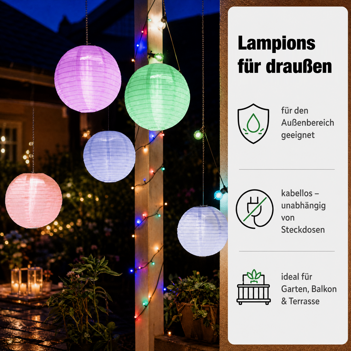 10er LED Lampions außen mit Fernbedienung,12 Farben, dimmbar Ø30cm mit Batterie