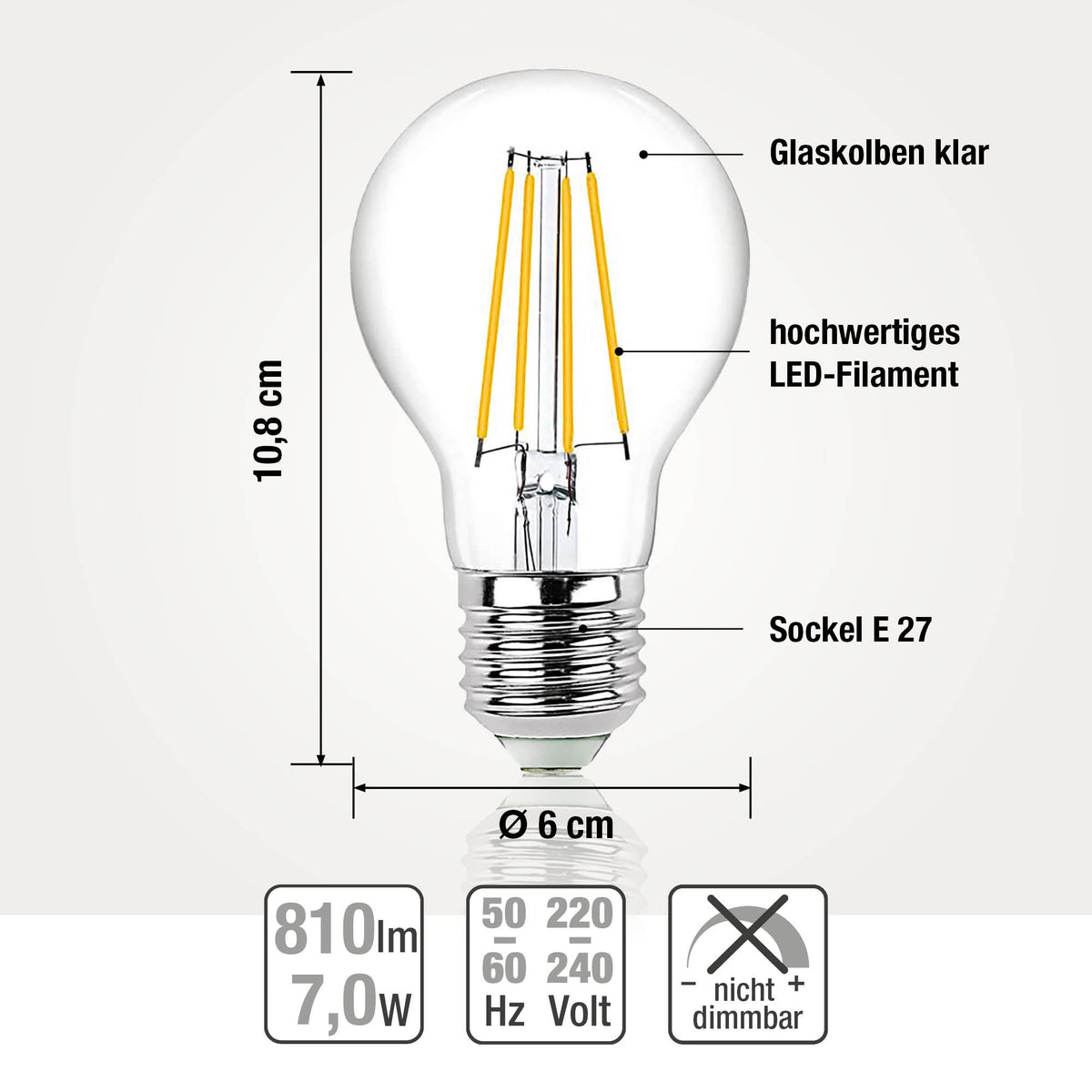 LED Glühbirne E27, warmweiß, 7W 810 Lumen, klar, EPREL ID 1359981