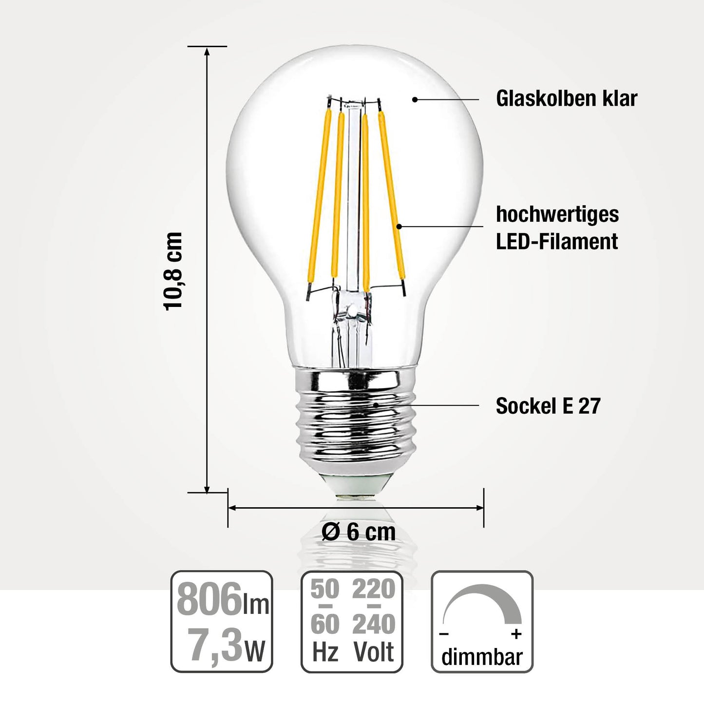 LED Glühbirne E27 dimmbar, 7,3W mit 806 Lumen, ersetzt 60-Watt Glühbirne, warmweiß 2700 Kelvin Klar 90 Ra