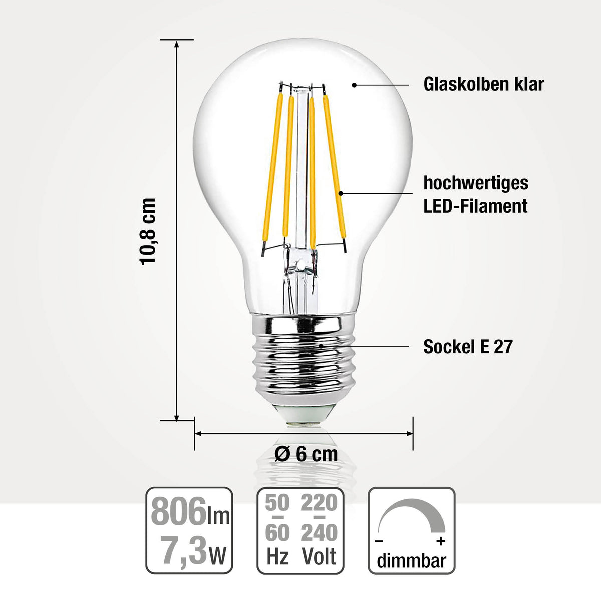 LED Glühbirne E27, warmweiß, dimmbar, 7,3W 806 Lumen, 90 Ra, klar, EPREL ID 1000719