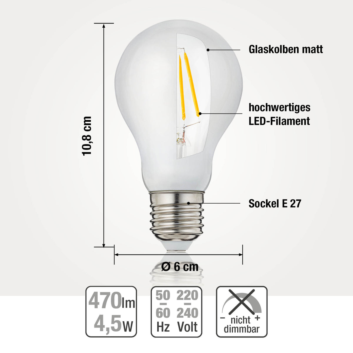 LED Glühbirne E27, warmweiß, 4,5W 470 Lumen, matt, EPREL ID 1353607