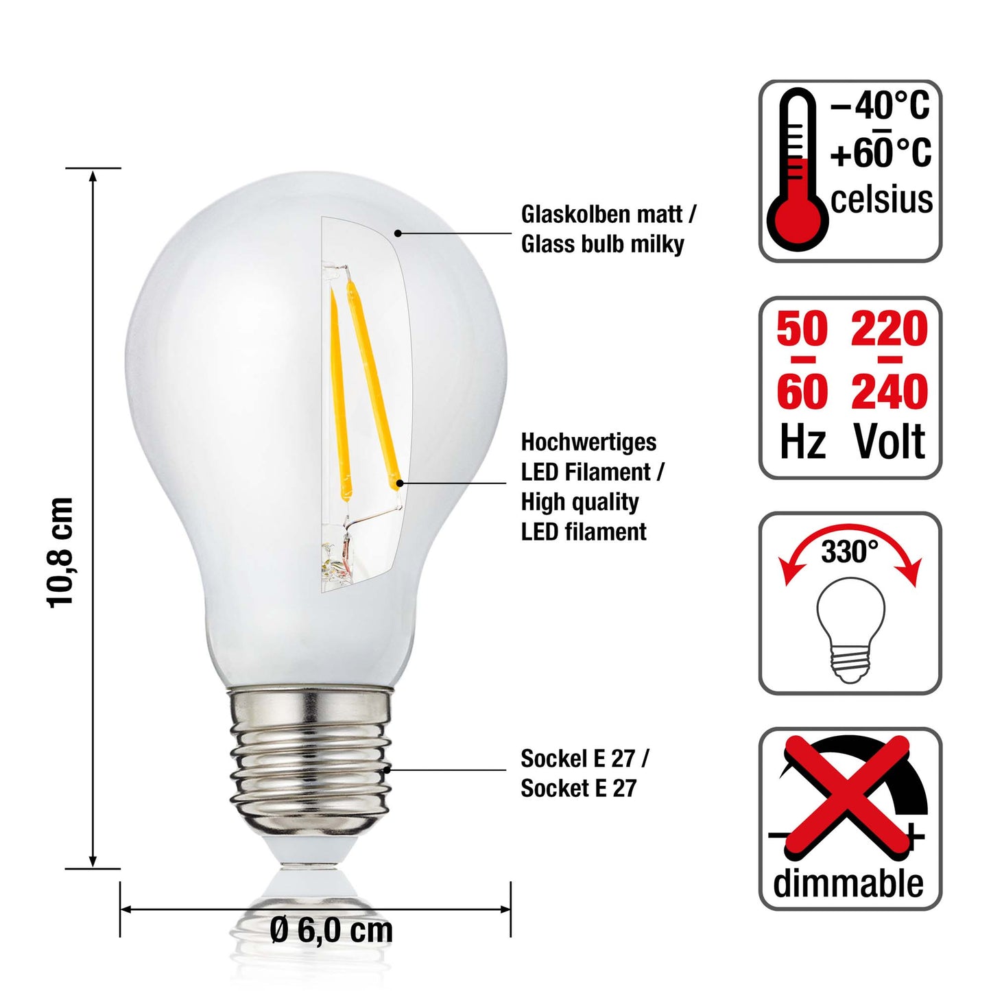 LED Filament Lampe A60, Leuchtmittel E27, Glühbirne warmweiß 2700 K, 4 W, matt ,1 Stück 206203
