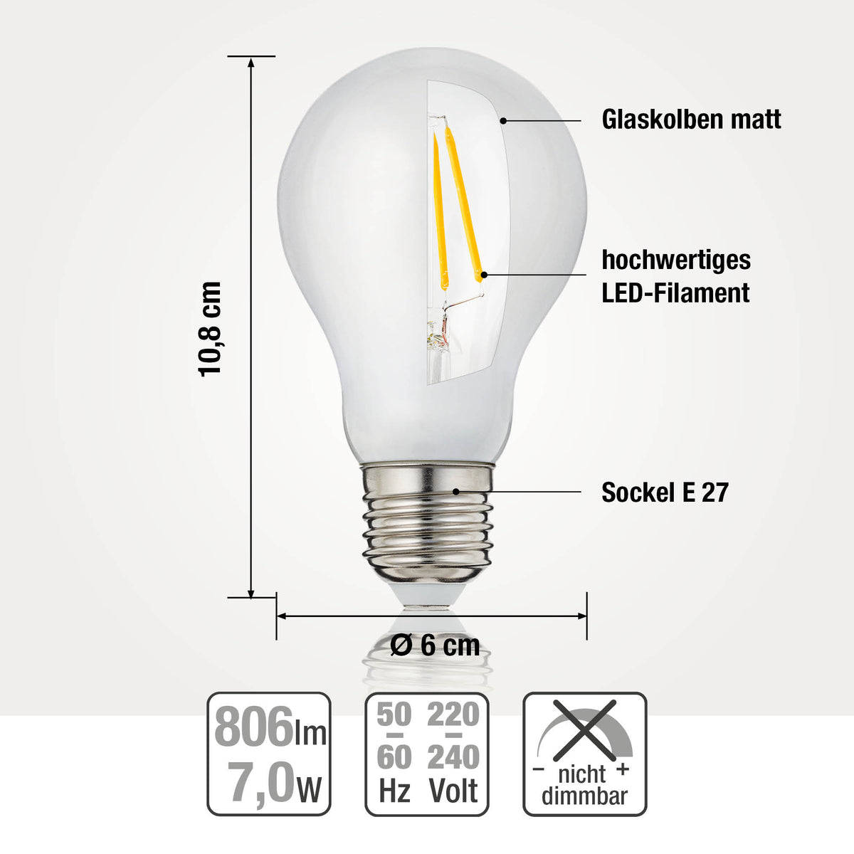 LED Glühbirne E27, warmweiß, 7W 806 Lumen, matt, EPREL ID 1359995
