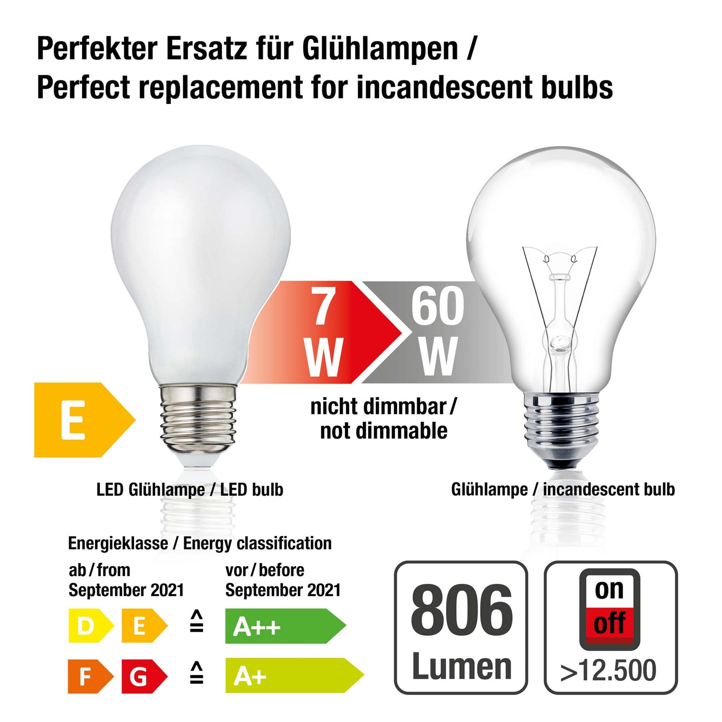 3er-Set LED-Filament-Lampe A60, E27, 7W, Glas milchig, 806 lm