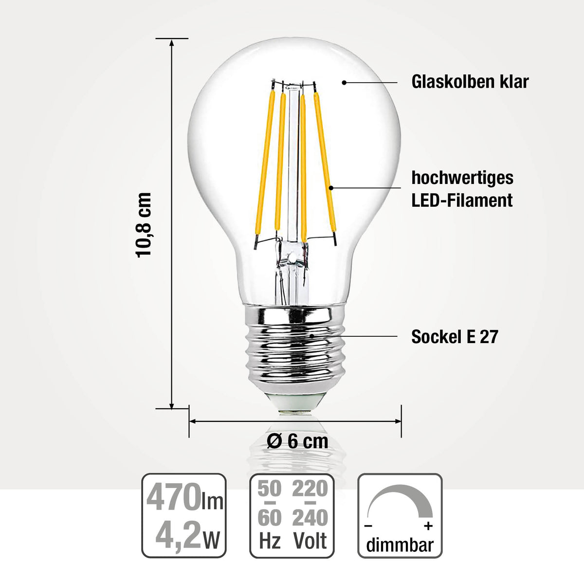 LED Glühbirne E27, 10er Set warmweiß, dimmbar, 4,2W 470 Lumen, 90 Ra, klar, EPREL ID 2165103