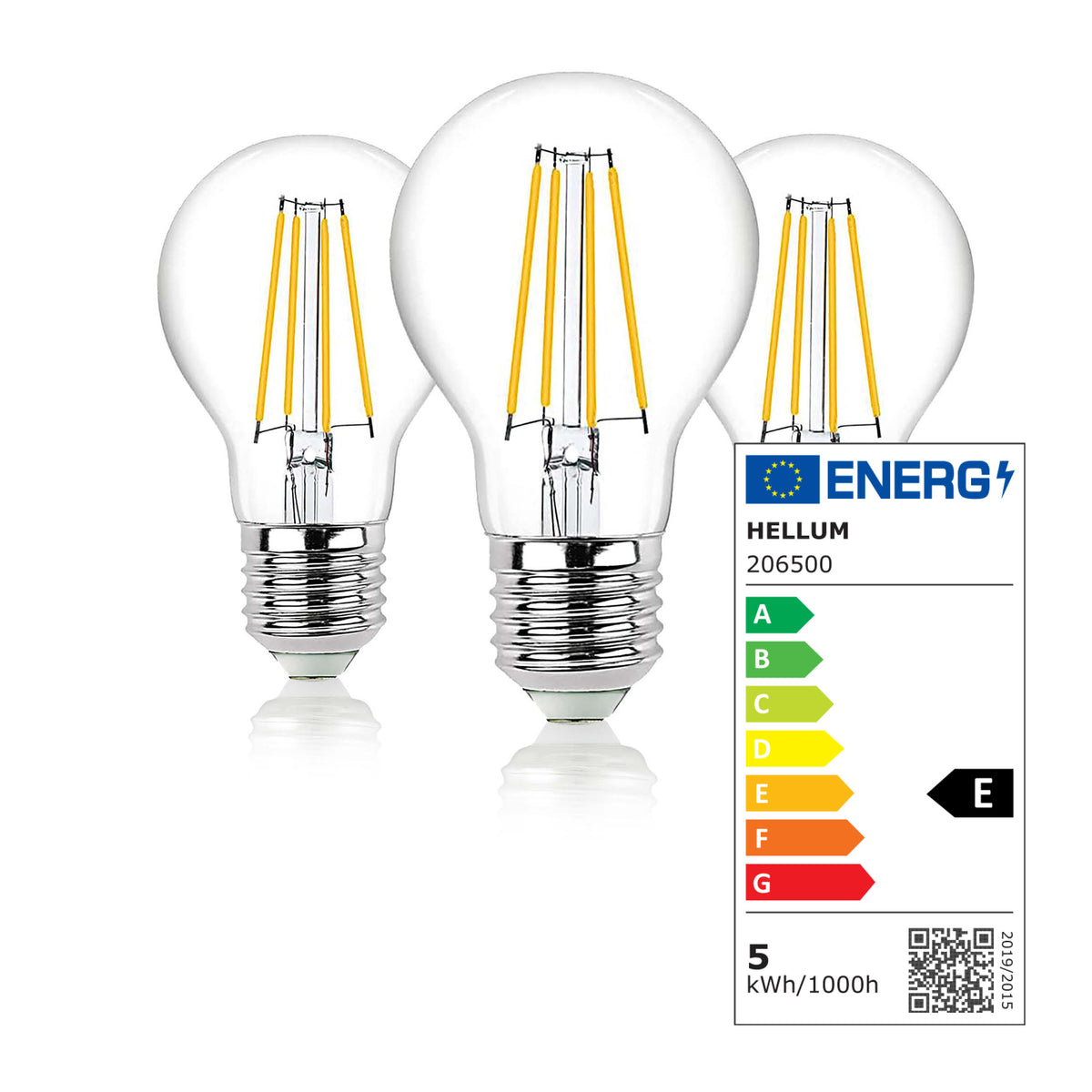 LED Glühbirne E27, 3er Set warmweiß, dimmbar, 4,2W 470 Lumen, 90 Ra, klar, EPREL ID 2165103