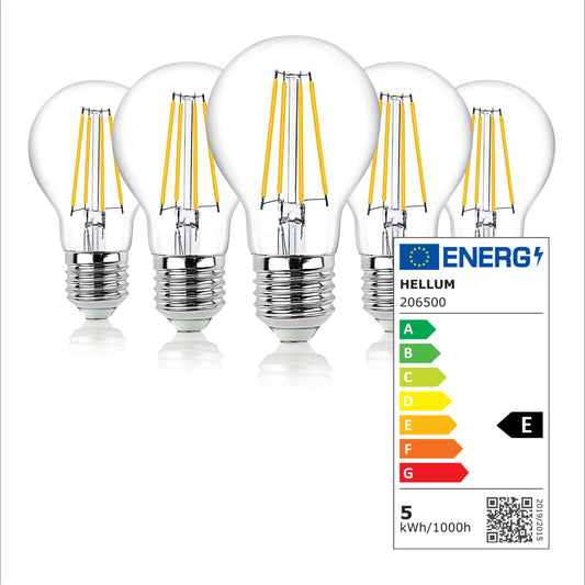 LED Glühbirne E27, 5er Set warmweiß, dimmbar, 4,2W 470 Lumen, 90 Ra, klar, EPREL ID 2165103