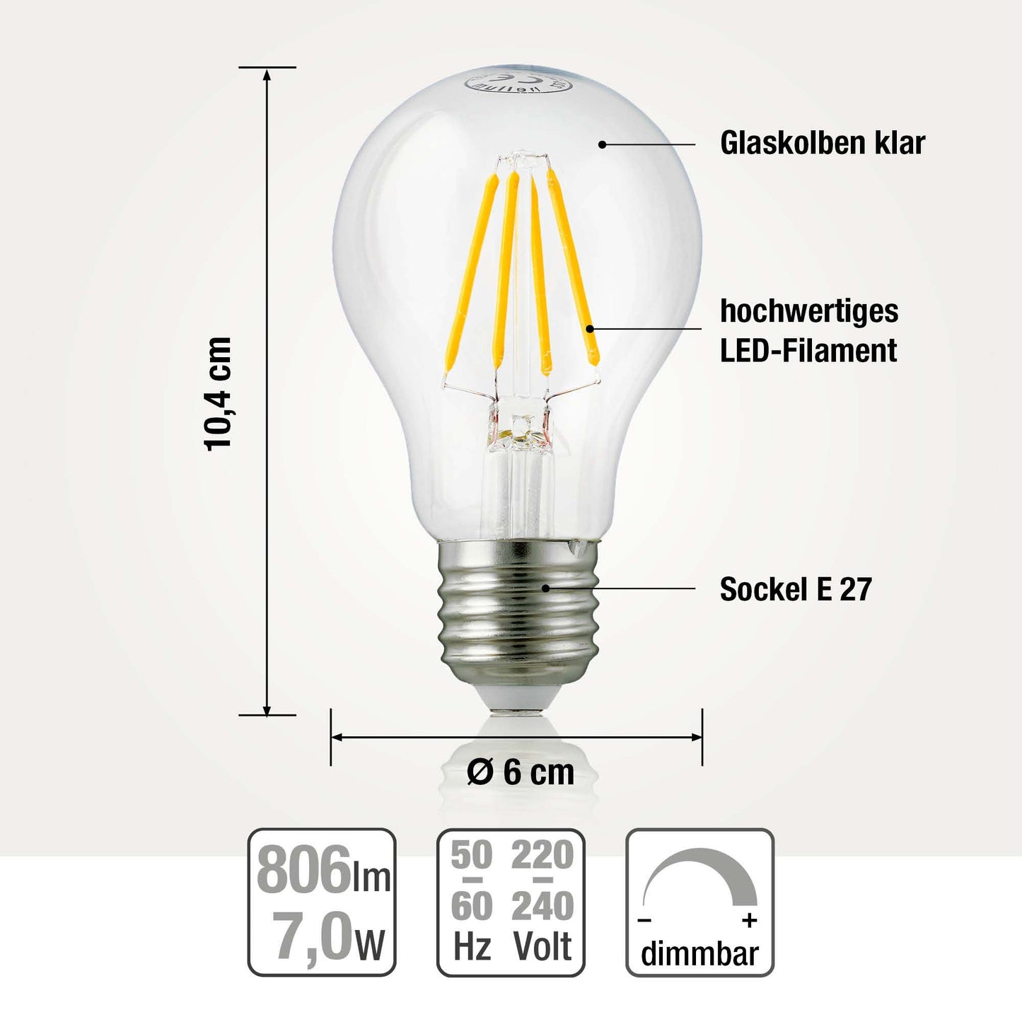 LED-Filament-Lampe A60, E27, 7W, Glas klar, 806 lm, dimmbar 206517