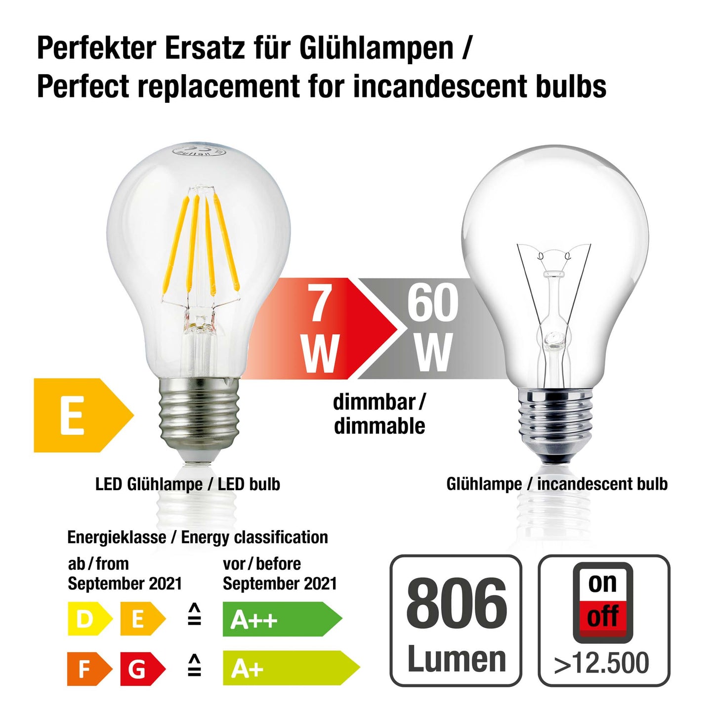 5er-Set_LED-Glühlampe A60,  E27, 7 W, dimmbar, 810 L, klar