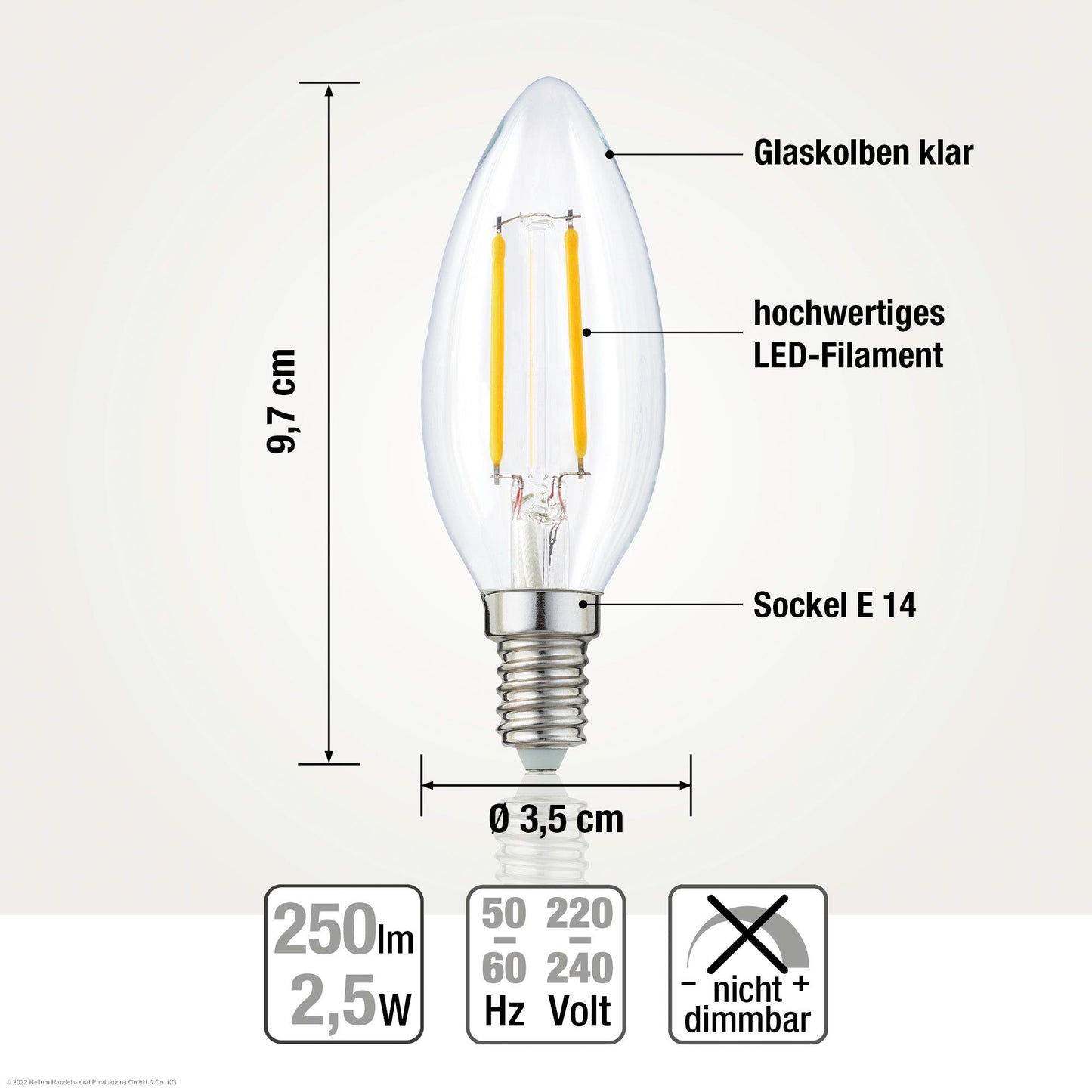 Hellum LED Glühbirne kerzenform E14, warmweiß, 2,2W, 250 Lumen, 2700 Kelvin 3-er Set 220155