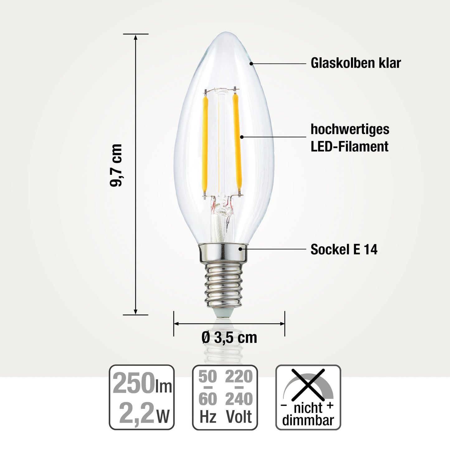 Hellum LED-Filament Glühbirne E14, Kerzenlampe 2,5W, 250 Lumen, C35 2700 Kelvin, warmweiss, 207101