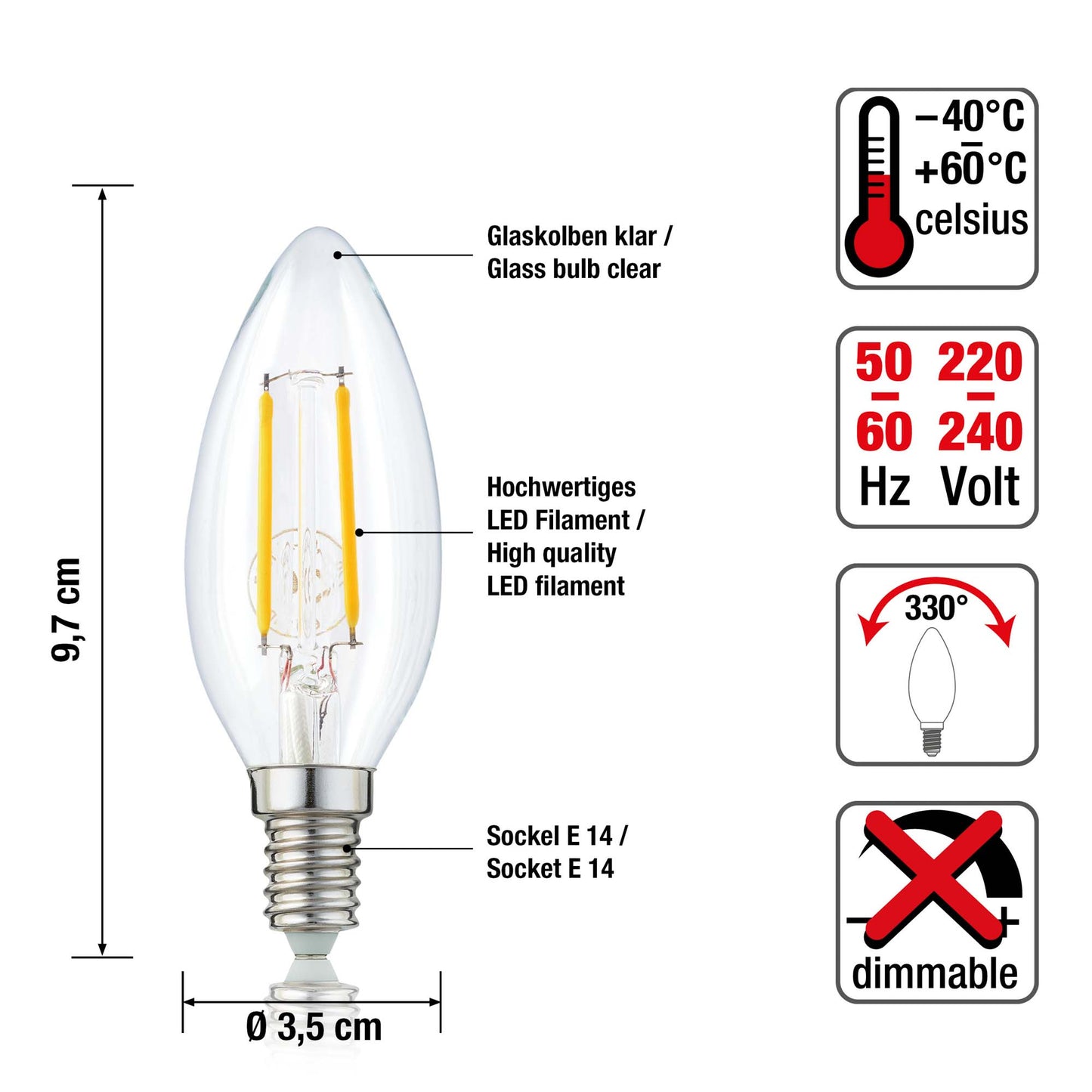 Hellum LED-Filament Glühbirne E14, Kerzenlampe 2,5W, 250 Lumen, C35 2700 Kelvin, warmweiss, 207101