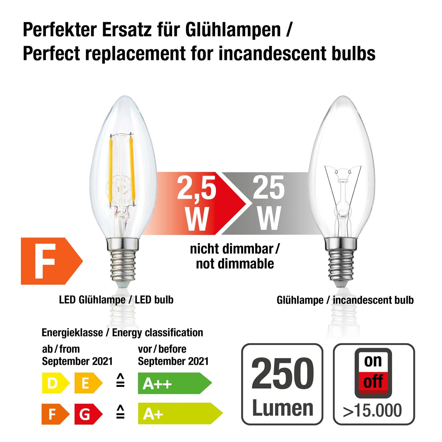 Hellum LED-Filament Glühbirne E14, Kerzenlampe 2,5W, 250 Lumen, C35 2700 Kelvin, warmweiss, 207101